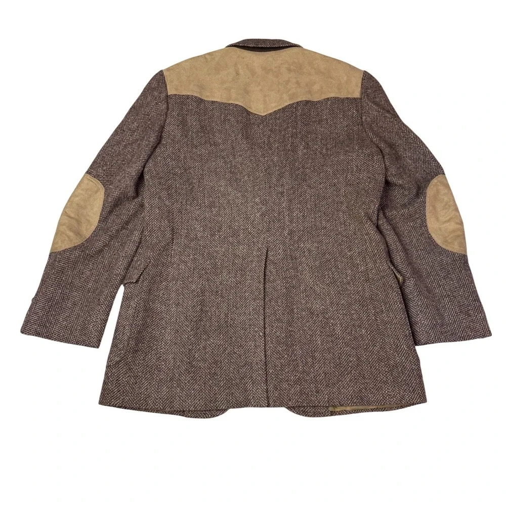 Pendleton Mens Brown Wool Herringbone Western Blazer Suede Yoke Elbow Patch 42L‎